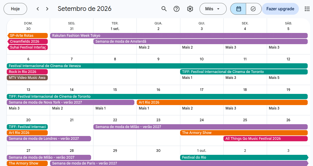 Visão Mensal do Calendário Cultural